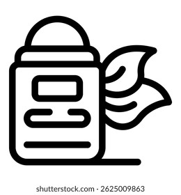 Line icon of deodorant stick with leaves, representing natural and eco friendly ingredients for body odor control