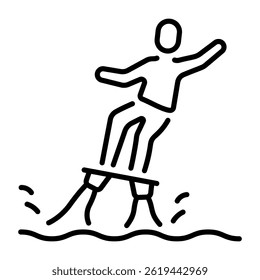 A line icon depicting the action of flyboarding in water