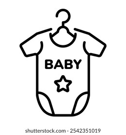 A line icon depicting a baby clothes hanging on a hanger