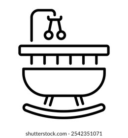 A line icon depicting a baby cradle with a hanging toy