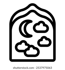 Line icon depicting a night sky with clouds and a crescent moon, framed by a window