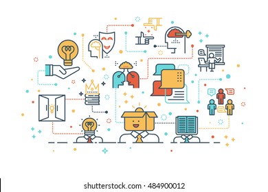 Icono de línea ilustración del concepto de aprendizaje y pensamiento creativos, aislado en fondo blanco