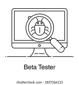 Line icon design of magnifier with bug, virus scanning or debugging concept