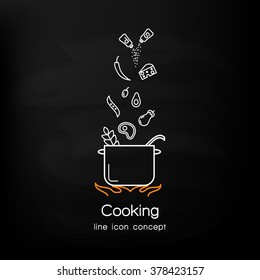 Line icon design of web banner template with outline icons of master class for culinary art cooking process.Modern vector illustration concept for website or infographics.