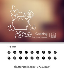 Line icon design of web banner template with outline icons of master class for culinary art cooking process.Modern vector illustration concept for website or infographics. + pixel perfect icons