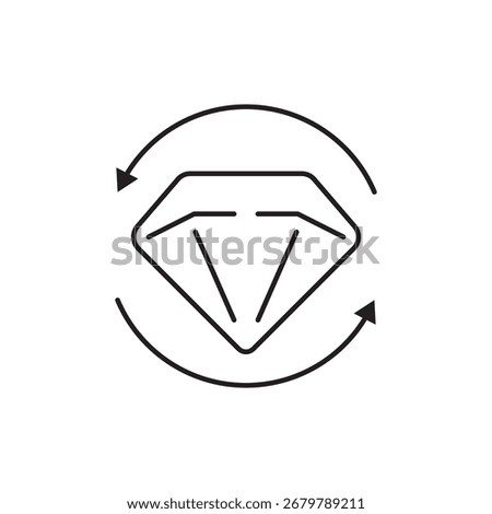 Line icon of a diamond encircled by rotating arrows, symbolizing value recycling. Perfect for illustrating asset turnover, resource renewal, luxury reinvestment, and economic circulation.