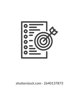Line icon of a document with a bullseye target, symbolizing strategic planning and performance tracking. This outline vector icon is ideal for business reporting. Logo symbol icon.