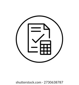Line icon of document with checkmark and calculator in circle