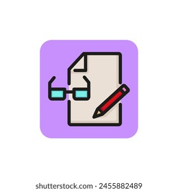 Line icon of document, glasses and pen. Document edit, text editor, file. Mobile application concept. Can be used for topics like internet, business, computer interface