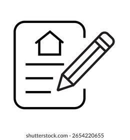 Line icon of document with house symbol, used in property, real estate, and home agreement. Editable stroke. vector illustration