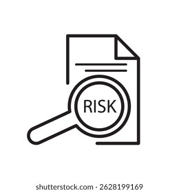 Line icon of a document with a magnifier and the word "risk" above it. Suitable for data analysis, reports, audits, and business research. Vector illustration