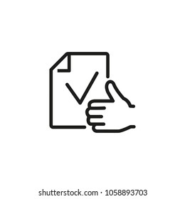 Line icon of document with tick sign and thumb up gesture. Like sign, agreement, license. Approval concept. Can be used for topics like internet, business, networking