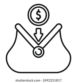 Line icon of a dollar coin with down arrow going into an open purse, depicting saving money