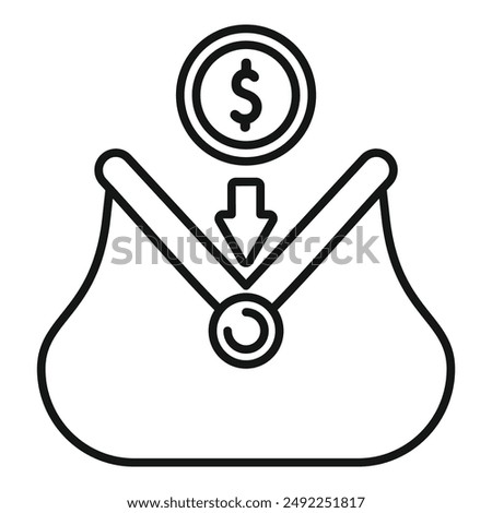Line icon of a dollar coin with down arrow going into an open purse, depicting saving money