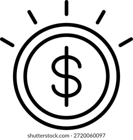 Line icon of dollar coin with rays symbolizing financial profit and monetary gain.