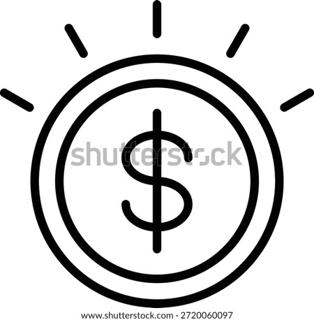 Line icon of dollar coin with rays symbolizing financial profit and monetary gain.