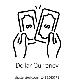 Un icono de línea de la moneda del dólar que se sostiene en las manos