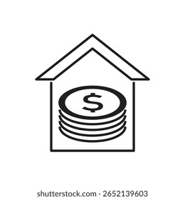 Line icon of down payment with coin stack inside house outline. Ideal for mortgage, real estate financing, housing investment, and home loan concepts.
