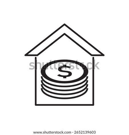 Line icon of down payment with coin stack inside house outline. Ideal for mortgage, real estate financing, housing investment, and home loan concepts.