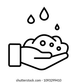 Line icon with drops of liquid falling on hand. Symbol of water resources, weather, hygiene, humidity concept
