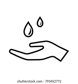 Line icon with drops of liquid falling on hand. Symbol of water resources, weather, hygiene, humidity concept. Vector Illustration