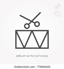 Line icon drum with sticks