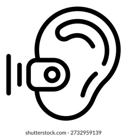 Line icon of an ear with a hearing aid attached, representing assistive technology for hearing loss