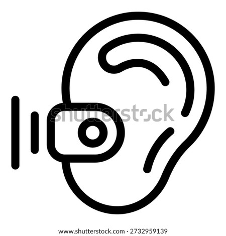 Line icon of an ear with a hearing aid attached, representing assistive technology for hearing loss