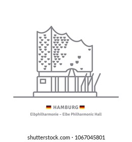 Line icon of Elbphilharmonie Concert Hall at Hamburg, Germany with German flags