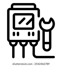 Ícone de linha de um dispositivo eletrônico com uma chave inglesa, representando o reparo do dispositivo eletrônico