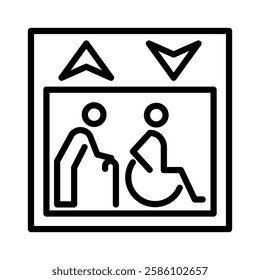 Line icon elevator. Lift signage. Wheelchair sign disabled person and arrows up down icons. Editable stroke. Vector