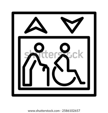 Line icon elevator. Lift signage. Wheelchair sign disabled person and arrows up down icons. Editable stroke. Vector
