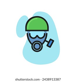 Line icon of face in gas mask and helmet. Protective workwear, chemical protection, firefighter uniform. Protection concept. Can be used for topics like fire safety, environmental disaster, terrorism