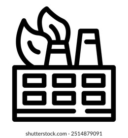 Line icon of a factory building emitting smoke from its chimneys, representing industrial pollution