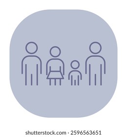 Line icon of family of four, illustrating variety of heights among individuals. Two adults and two children, symbolizing family dynamics