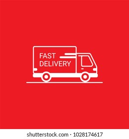 Line icon- fast delivery. Van outline icon on red background. Delivery service. Delivery by car or truck. Parcels Express delivery service by car. Line style design truck icon. Vector illustration