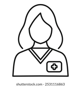 Line icon of a female medical professional wearing scrubs with a cross symbol on her chest