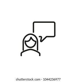 Line icon of female user with speech bubble. Customer support, online help, chat. Internet communication concept. Can be used for web design, mobile app and pictogram