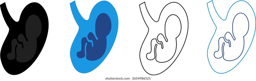 Ícone de linha do feto no útero, visualizado em uma forma simplificada e icônica de saúde fetal, gravidez, desenvolvimento do bebê no útero ou cuidados pré-natais