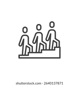 Line icon of a figure leading others up stairs, symbolizing leadership, mentorship, and motivation. This outline vector icon is ideal for guiding team visuals. Logo icon symbol.