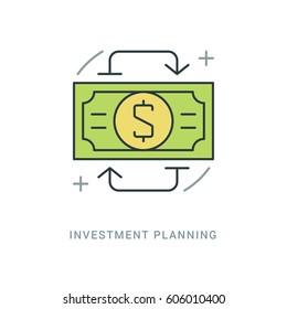 Line Icon Flat thin linear stroke vector object. For website graphics, Mobile Apps, Infographics. Pictogram pack. Easy resize to 256, 512 pixels, easy edit colors. Investment planning, Dollar. 