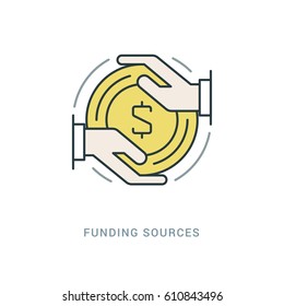 Line Icon Flat thin linear stroke vector illustration. For website graphics, Mobile Apps, Infographics. Easy resize to 256, 512 pixels, easy edit colors. Funding sources, Money coin and hands.