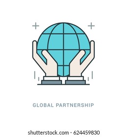 Line Icon Flat thin linear stroke vector illustration. For website graphics, Mobile Apps, Infographics. Global partnership, hands holding globe symbol.