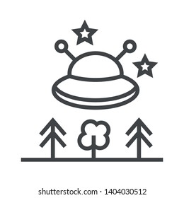 Line icon flying saucer over forest. Simple vector illustration with ability to change.