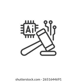 Ícone de linha de um martelo mesclado com o circuito AI. Ícone vetorial de contorno simbolizando a governança, a ética e a política regulatória da IA. Limpar ícone e símbolo digital.