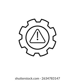 Line icon of a gear with a warning sign inside, symbolizing system error, maintenance alert, or configuration issue. Ideal for UI, tech, and safety graphics.