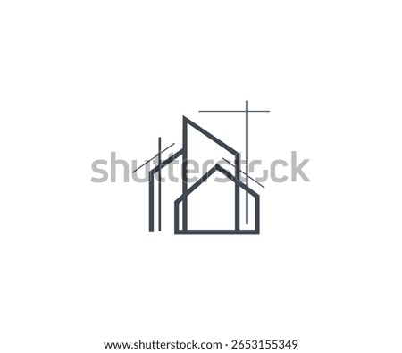 Line icon of geometric building with overlaying construction lines. Perfect for representing architectural firms, detailed building plans, and modern housing development. Clean and professional design