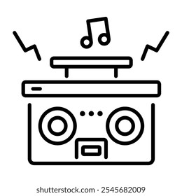 Um ícone de linha de um ghetto blaster com ondas de som e uma nota de música 