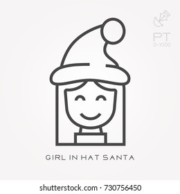 Line icon girl in hat santa