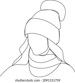 Line icon girl in winter hat-continuous line drawing